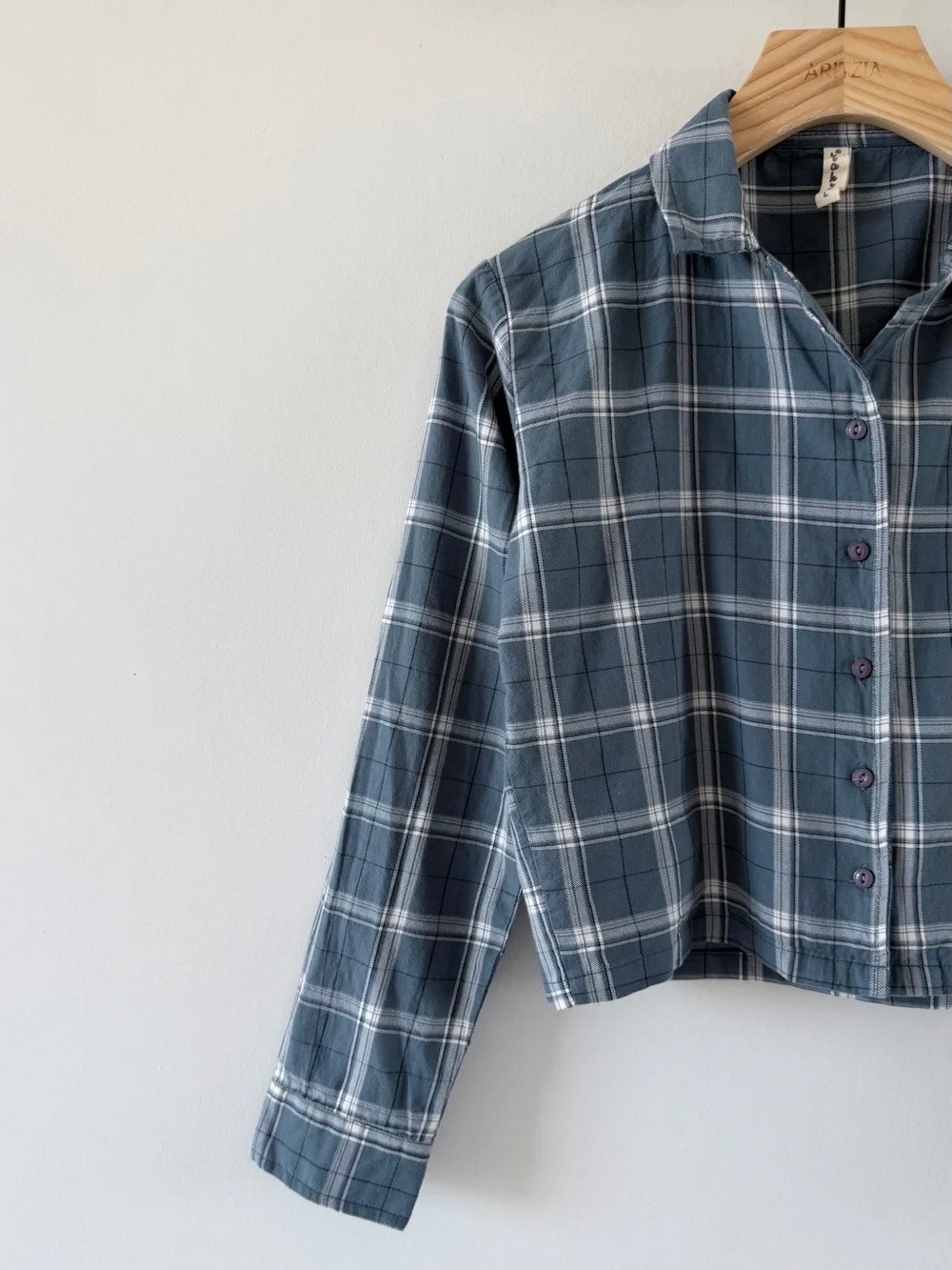 Blue Plaid Cropped Button Up Shirt Y2K Casual Top Tagged L Fits S - Picture 3 of 6